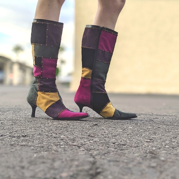Vintage Patchwork Rainbow Clown Style Calf High Boots - Size 9.5W - Picture 2 of 8